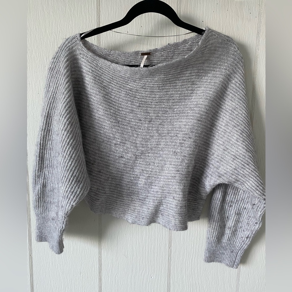 Free People asymmetrical cropped slouchy grey cowl neck knit wool blend sweater